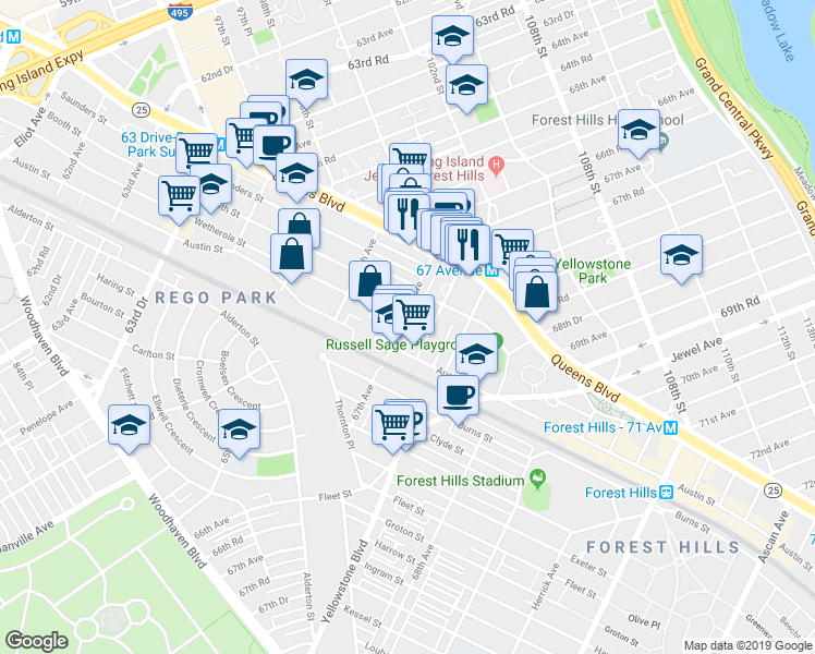 map of restaurants, bars, coffee shops, grocery stores, and more near 98-27 67th Avenue in Queens