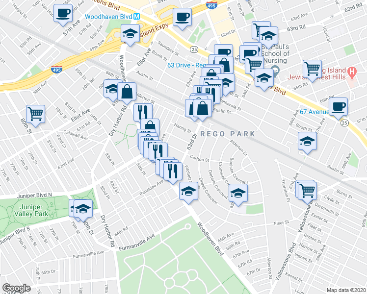map of restaurants, bars, coffee shops, grocery stores, and more near 63-41 Bourton Street in Queens