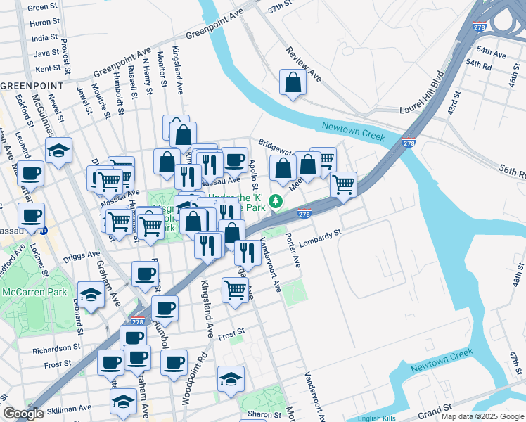 map of restaurants, bars, coffee shops, grocery stores, and more near 23A Apollo Street in Brooklyn