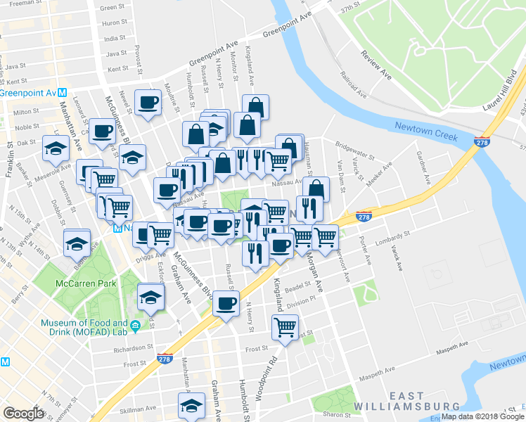 map of restaurants, bars, coffee shops, grocery stores, and more near in Brooklyn