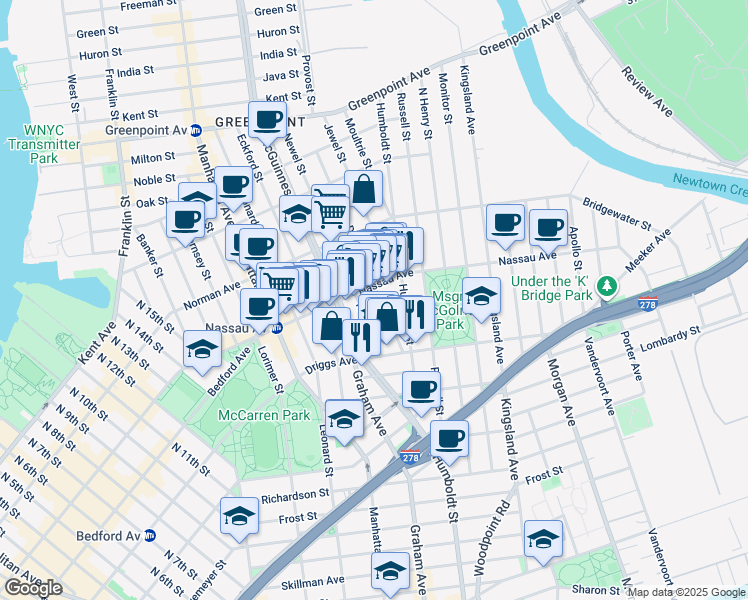 map of restaurants, bars, coffee shops, grocery stores, and more near 147 Nassau Avenue in Brooklyn