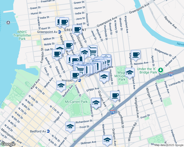 map of restaurants, bars, coffee shops, grocery stores, and more near 115 A Nassau Avenue in Brooklyn