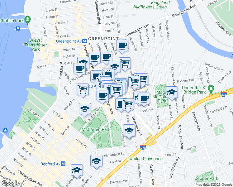 map of restaurants, bars, coffee shops, grocery stores, and more near 588 Leonard Street in Brooklyn