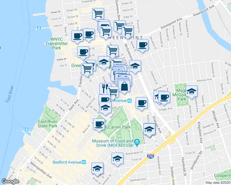 map of restaurants, bars, coffee shops, grocery stores, and more near 62 Norman Avenue in Brooklyn