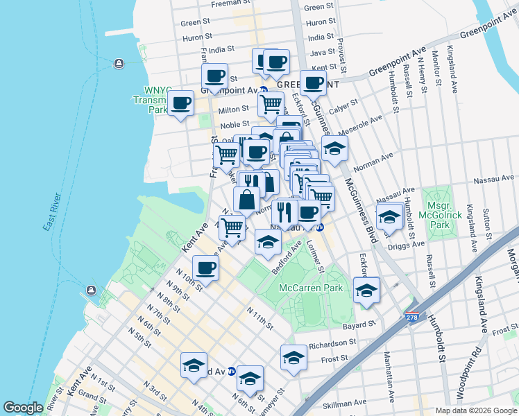 map of restaurants, bars, coffee shops, grocery stores, and more near Boulevard in Queens