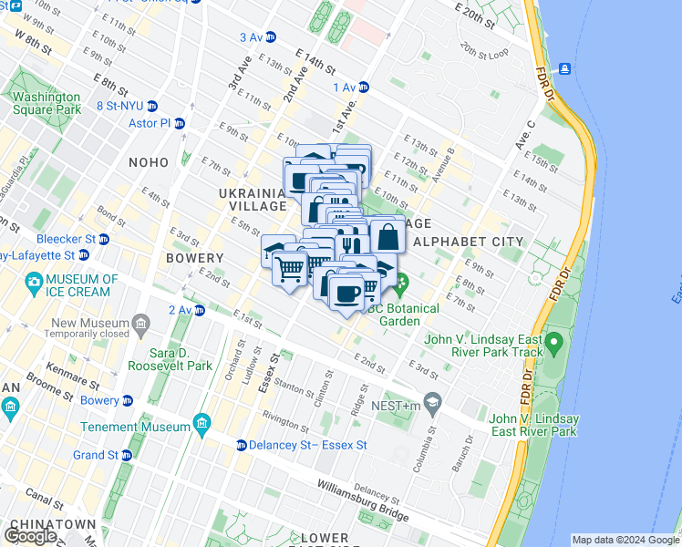 map of restaurants, bars, coffee shops, grocery stores, and more near 518 East 6th Street in New York