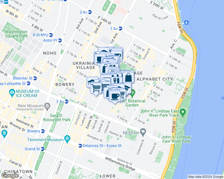 map of restaurants, bars, coffee shops, grocery stores, and more near 518 East 6th Street in New York