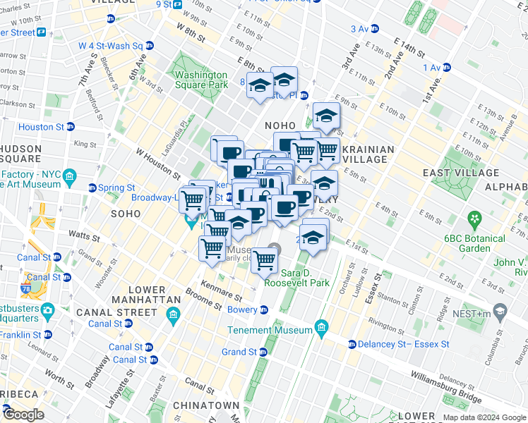 map of restaurants, bars, coffee shops, grocery stores, and more near 301 Elizabeth Street in New York