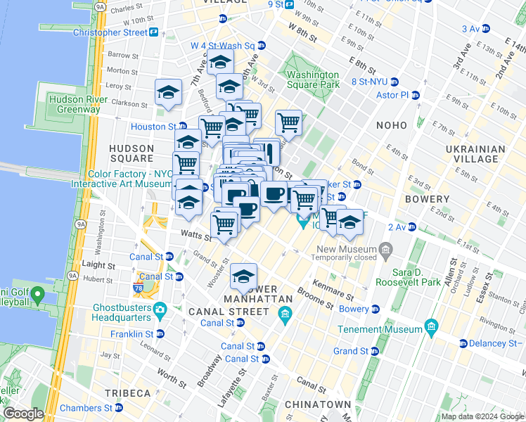 map of restaurants, bars, coffee shops, grocery stores, and more near 423 West Broadway in New York