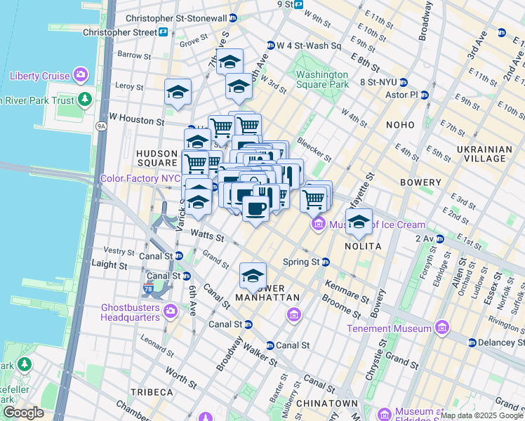 map of restaurants, bars, coffee shops, grocery stores, and more near 423 West Broadway in New York