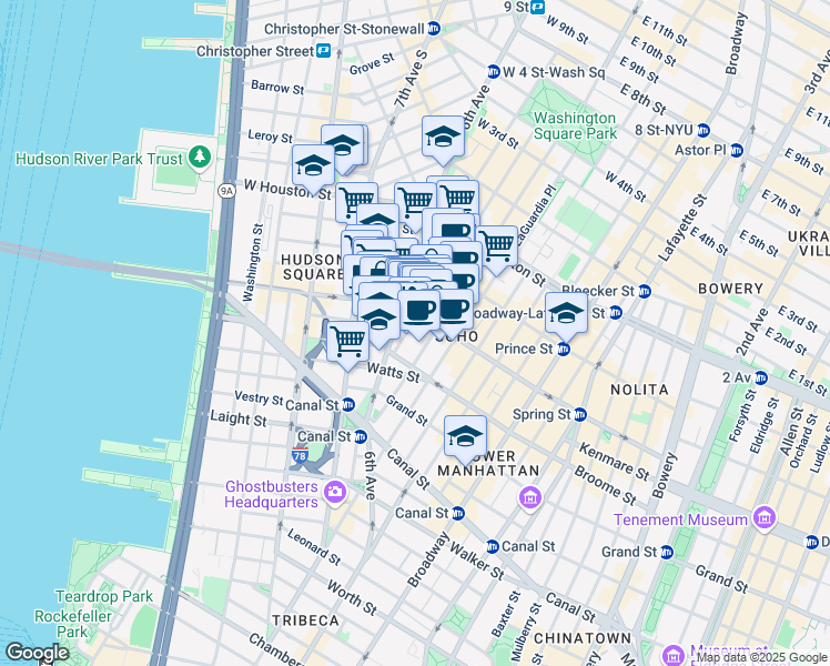 map of restaurants, bars, coffee shops, grocery stores, and more near 126 6th Avenue in New York