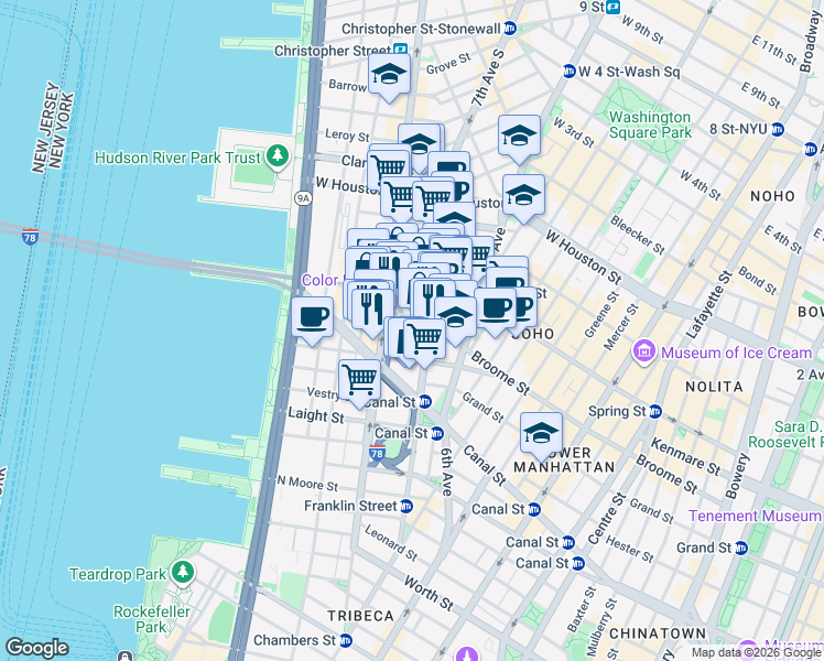 map of restaurants, bars, coffee shops, grocery stores, and more near 38 Dominick Street in New York