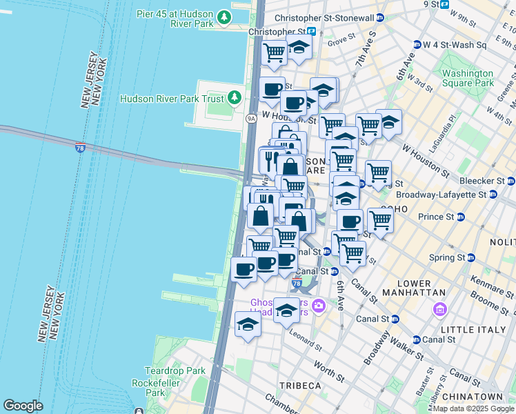 map of restaurants, bars, coffee shops, grocery stores, and more near 471 Washington Street in New York