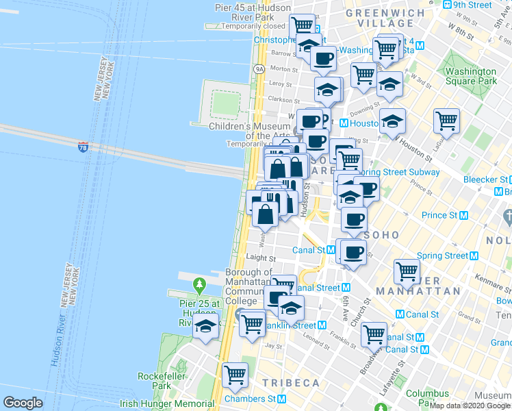 map of restaurants, bars, coffee shops, grocery stores, and more near 267 West Street in New York