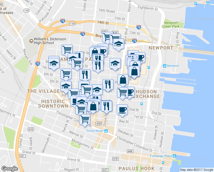 map of restaurants, bars, coffee shops, grocery stores, and more near 441 Manila Avenue in Jersey City