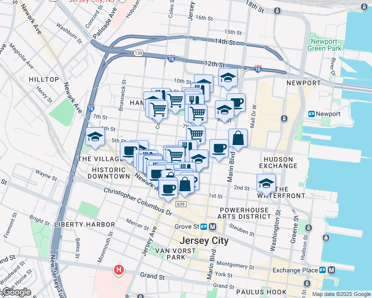 map of restaurants, bars, coffee shops, grocery stores, and more near 246 5th Street in Jersey City