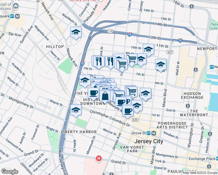 map of restaurants, bars, coffee shops, grocery stores, and more near 437 Monmouth Street in Jersey City