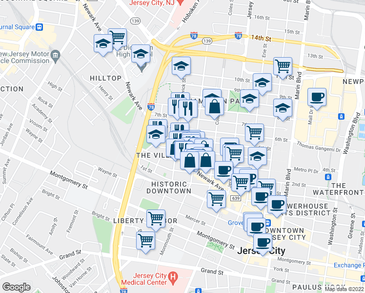 map of restaurants, bars, coffee shops, grocery stores, and more near in Jersey City