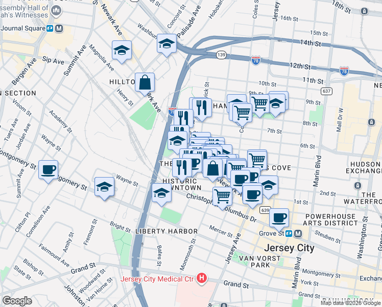 map of restaurants, bars, coffee shops, grocery stores, and more near 204 Merseles Street in Jersey City