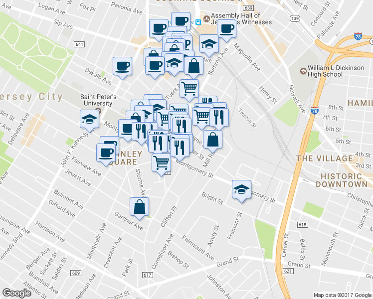 map of restaurants, bars, coffee shops, grocery stores, and more near in Jersey City