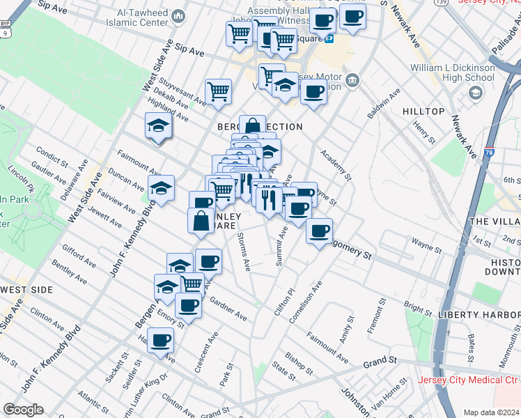 map of restaurants, bars, coffee shops, grocery stores, and more near 700 Montgomery Street in Jersey City