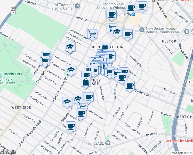map of restaurants, bars, coffee shops, grocery stores, and more near 740A Bergen Avenue in Jersey City