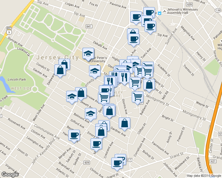 map of restaurants, bars, coffee shops, grocery stores, and more near 308 Fairmount Avenue in Jersey City