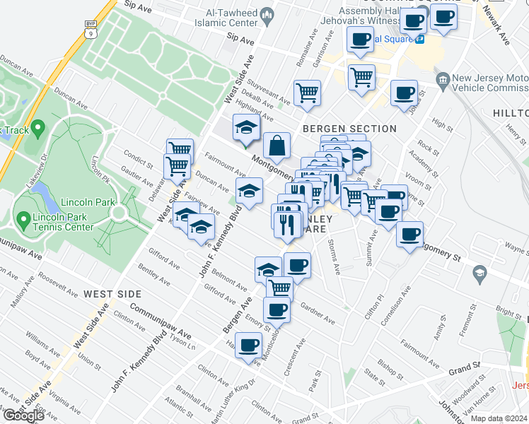 map of restaurants, bars, coffee shops, grocery stores, and more near 333 Fairmount Avenue in Jersey City