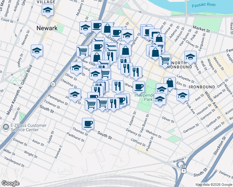 map of restaurants, bars, coffee shops, grocery stores, and more near 225 Jefferson Street in Newark