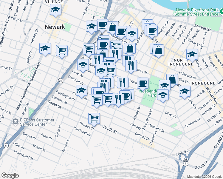 map of restaurants, bars, coffee shops, grocery stores, and more near 223-227 East Kinney Street in Newark