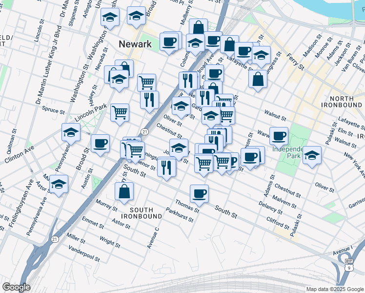 map of restaurants, bars, coffee shops, grocery stores, and more near 14 Hermon Street in Newark