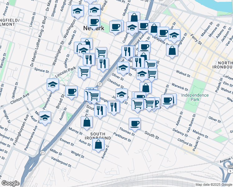 map of restaurants, bars, coffee shops, grocery stores, and more near 29 Vesey Street in Newark