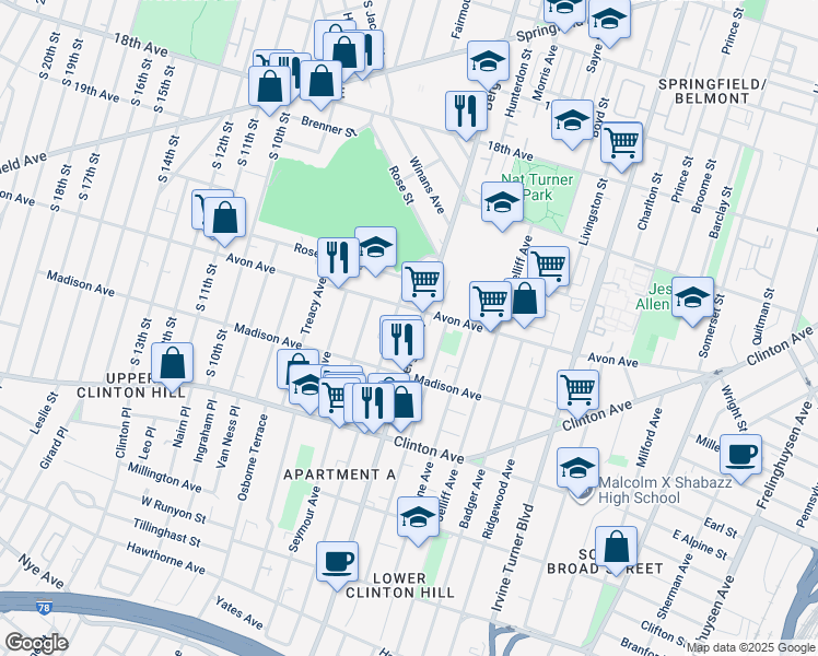 map of restaurants, bars, coffee shops, grocery stores, and more near 565 Bergen Street in Newark