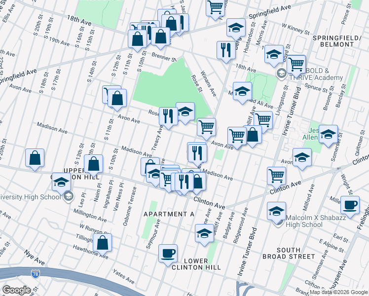map of restaurants, bars, coffee shops, grocery stores, and more near 14 Seymour Avenue in Newark