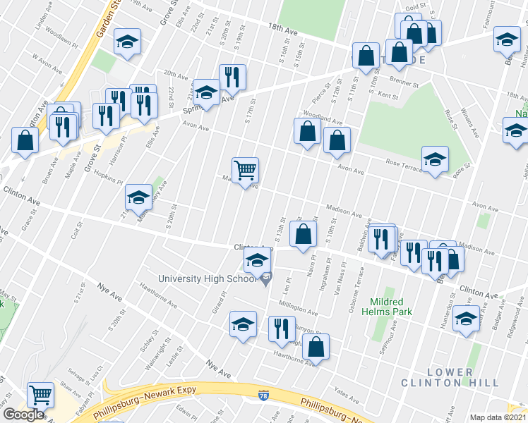 map of restaurants, bars, coffee shops, grocery stores, and more near 846 South 15th Street in Newark