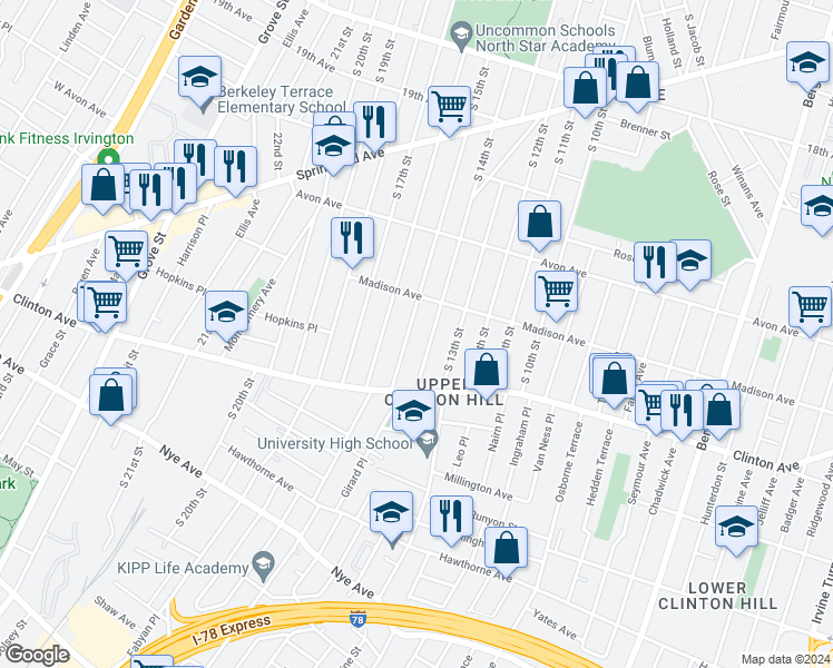 map of restaurants, bars, coffee shops, grocery stores, and more near 844 South 15th Street in Newark