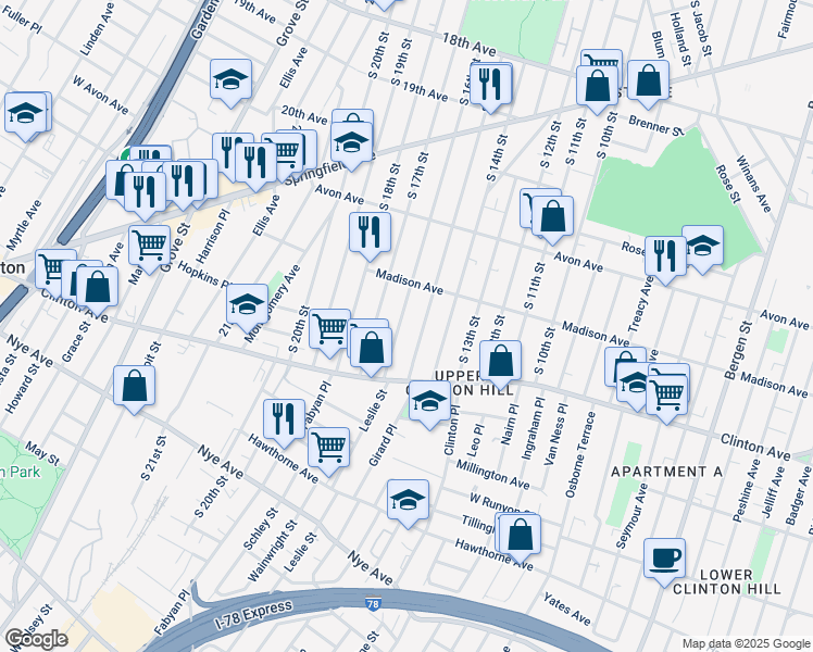 map of restaurants, bars, coffee shops, grocery stores, and more near 877 South 16th Street in Newark