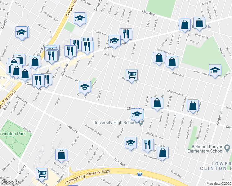 map of restaurants, bars, coffee shops, grocery stores, and more near 896 South 18th Street in Newark