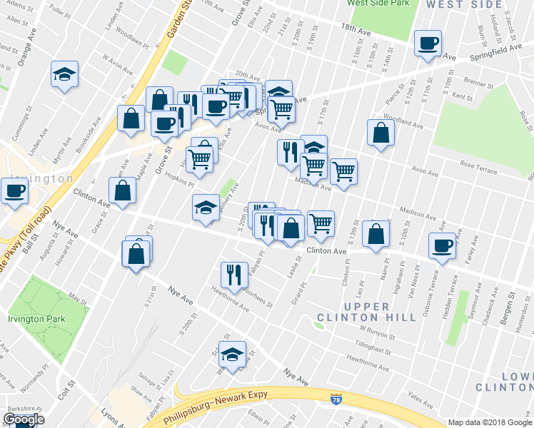map of restaurants, bars, coffee shops, grocery stores, and more near 905 South 19th Street in Newark