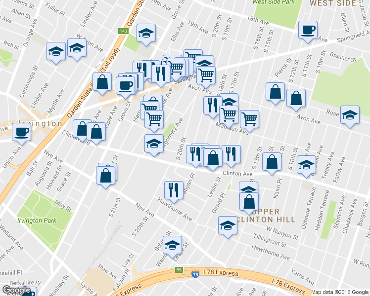 map of restaurants, bars, coffee shops, grocery stores, and more near 905 South 19th Street in Newark