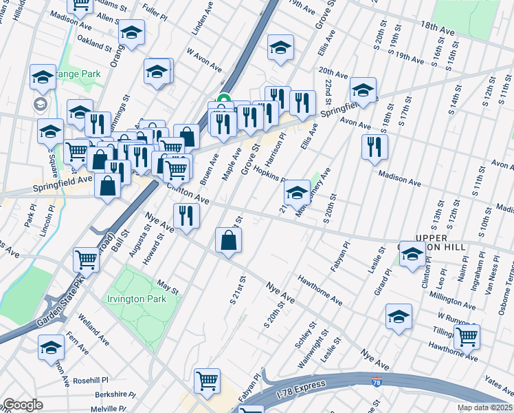 map of restaurants, bars, coffee shops, grocery stores, and more near 108 Harrison Place in Irvington