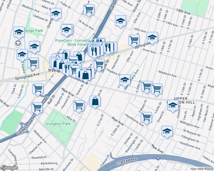 map of restaurants, bars, coffee shops, grocery stores, and more near 108 Harrison Place in Irvington