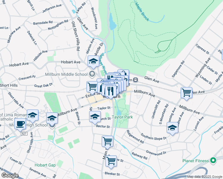 map of restaurants, bars, coffee shops, grocery stores, and more near 26 Main Street in Essex County