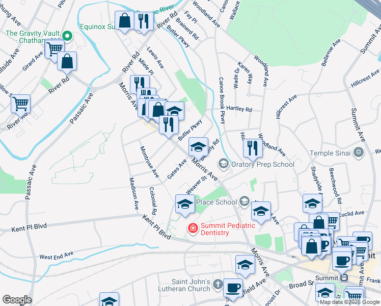 map of restaurants, bars, coffee shops, grocery stores, and more near 2 School Avenue in Summit