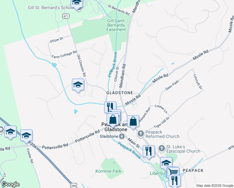 map of restaurants, bars, coffee shops, grocery stores, and more near in Peapack and Gladstone