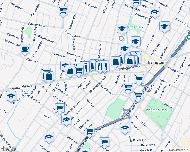 map of restaurants, bars, coffee shops, grocery stores, and more near 1230 Springfield Avenue in Irvington