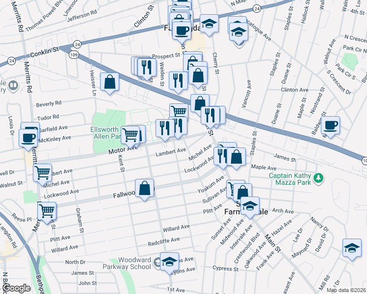 map of restaurants, bars, coffee shops, grocery stores, and more near 27 Lambert Avenue in Farmingdale