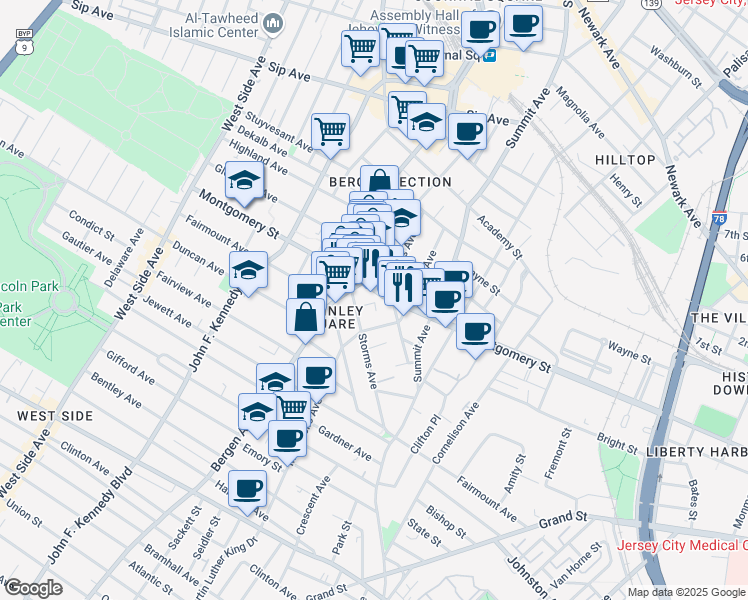 map of restaurants, bars, coffee shops, grocery stores, and more near 796 Montgomery Street in Jersey City
