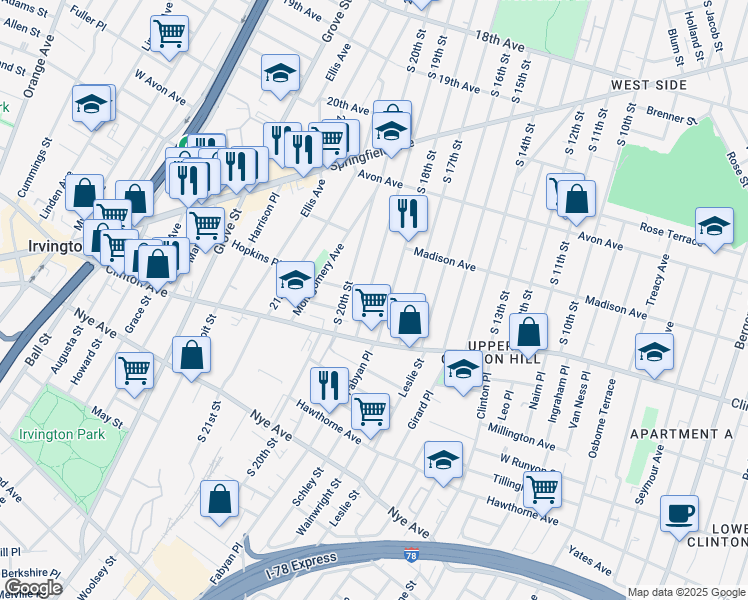 map of restaurants, bars, coffee shops, grocery stores, and more near 905 South 19th Street in Newark