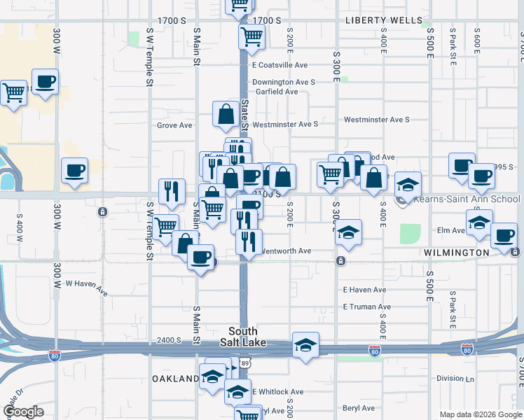 map of restaurants, bars, coffee shops, grocery stores, and more near 133 East Commonwealth Avenue in South Salt Lake